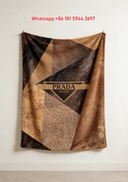 Prada Brown Leather Geometric Print Flannel Throw Blanket IMG_2738